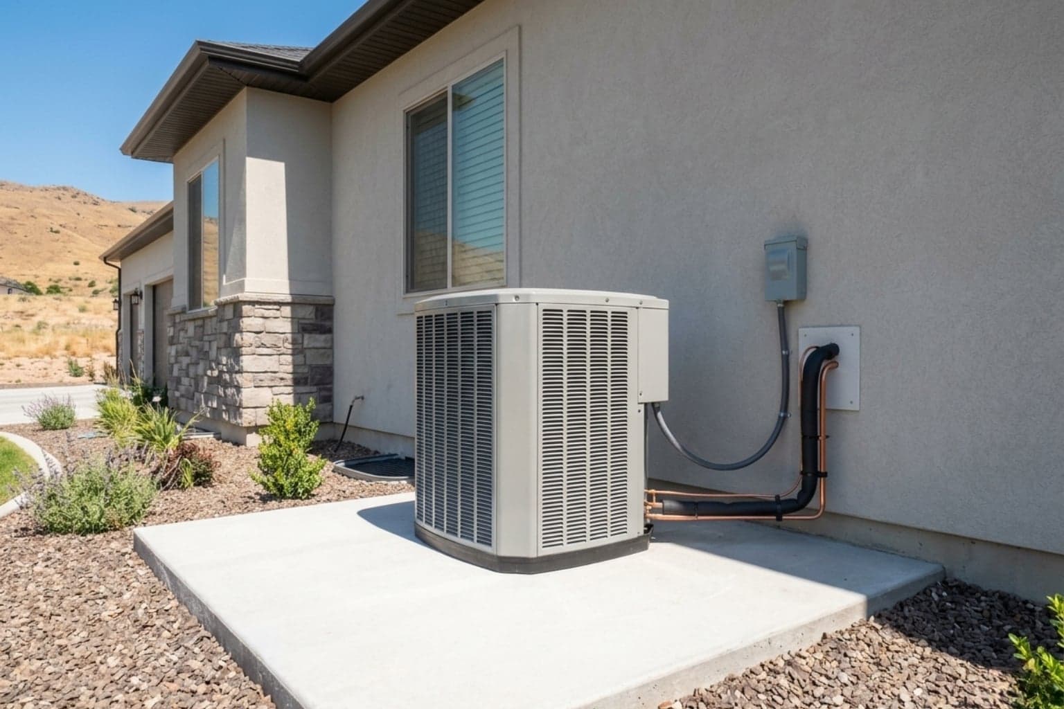 Newly installed high-efficiency condenser on a level pad beside a Salt Lake Valley home