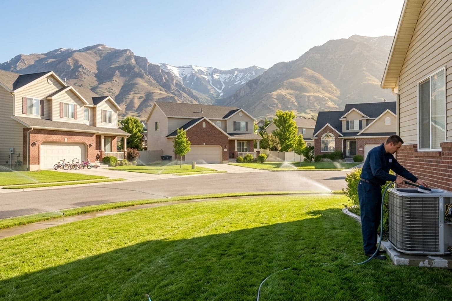 West Jordan, Utah cul-de-sac where a repair technician is working on a side-yard AC condenser