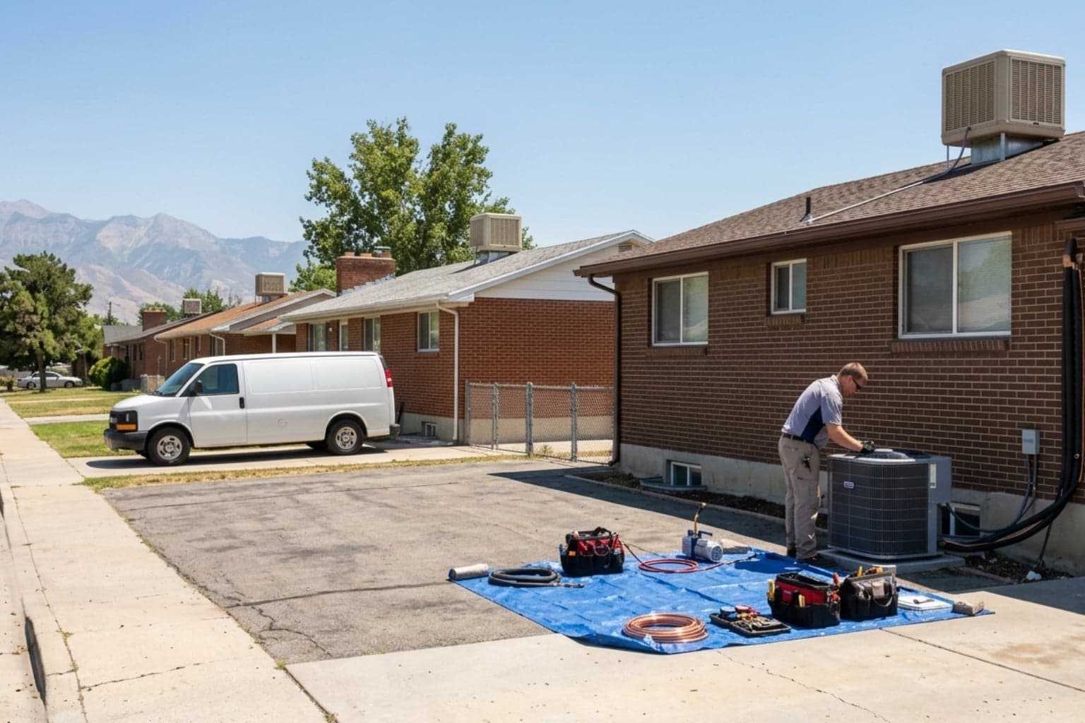 West Valley City neighborhood where pre-summer AC tune-ups are underway at a single-story ranch